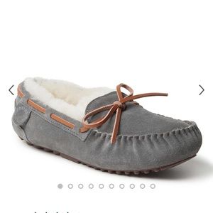 Women's Victoria Genuine Shearling Lace Moccasin Slippers Grey Dearfoam FireSide